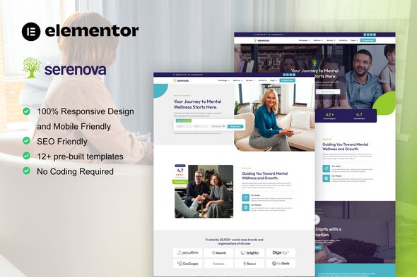 Serenova - Psychology & Mental Health Elementor Pro Template Kit
